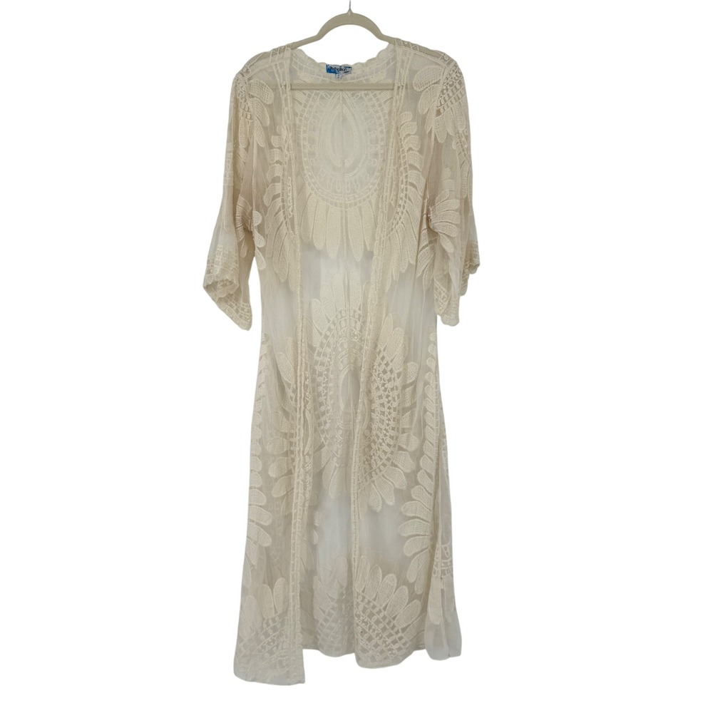 Womens Cream Lace Sheer‎ Long Kimono Cardigan Boho Duster Beachy Size L